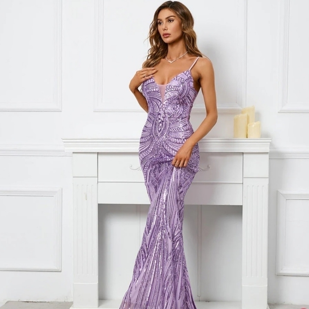 Purple, Geo Print,  Sleeveless,  Beaded Draped Back,  Sequined Mermaid G… - Picture 6 of 13